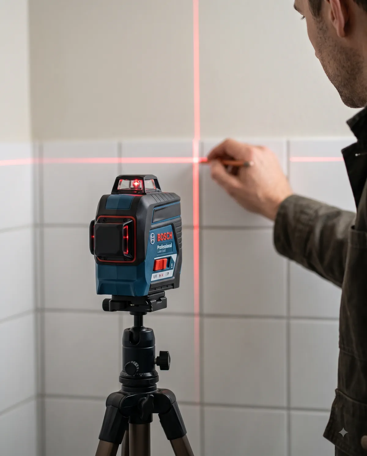 Nivelă laser Bosch Professional pe trepied, folosită pentru trasarea unui perete placat cu faianță